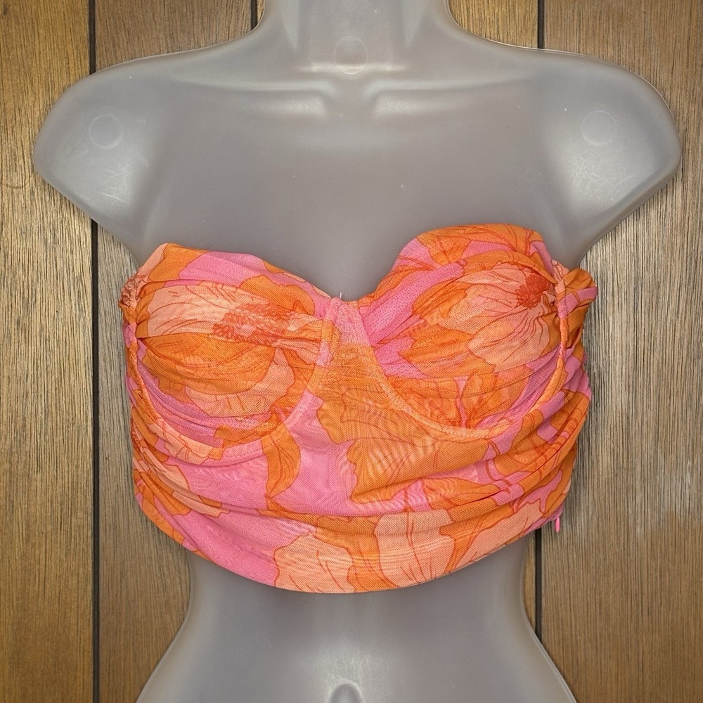 Zara Strapless Crop Top Womens M Pink Orange Floral Festival Ruched Corset Party